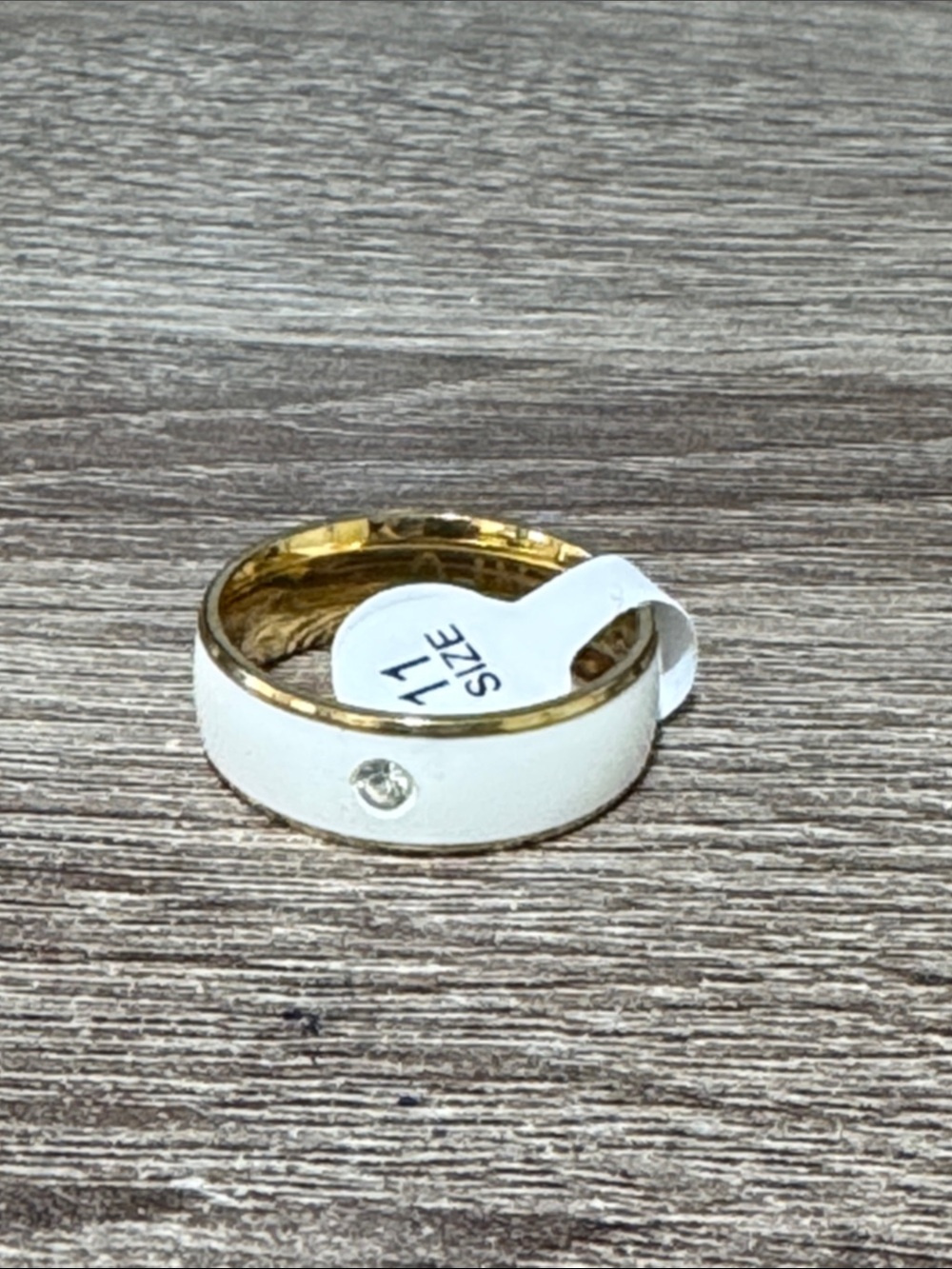 Gold & White Men’s Band Ring with Clear Crystal Accent - Size 11